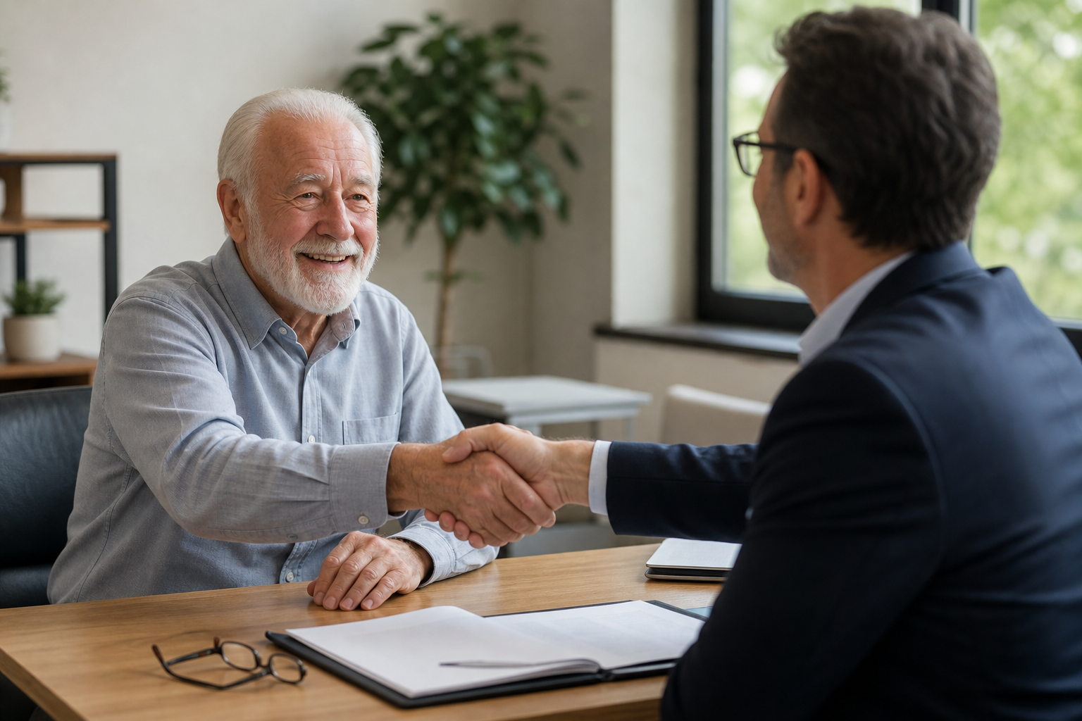 Client shaking hands with his insurance agent after choosing a plan