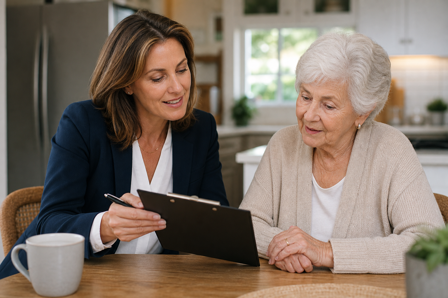 Agent going over a vision plan with a client at her kitchen table
